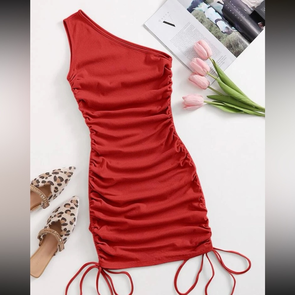 shein one shoulder drawstring ribbed dress